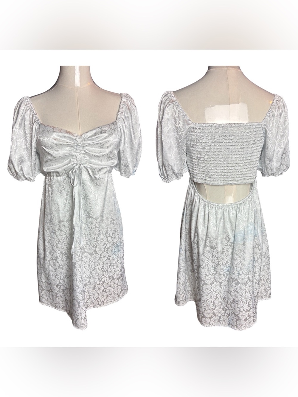 Altar'd State White Floral Ruched Puff Sleeve Mini Dress